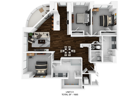 Floor plan for 3 beds, 2.5 baths, 1685 sqft